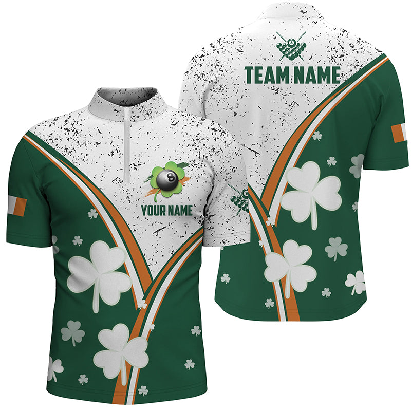 Custom Green White Billiard Luckiest Shamrock Men Quarter-Zip Shirt, Patrick Day Pool Shirt TDM1122