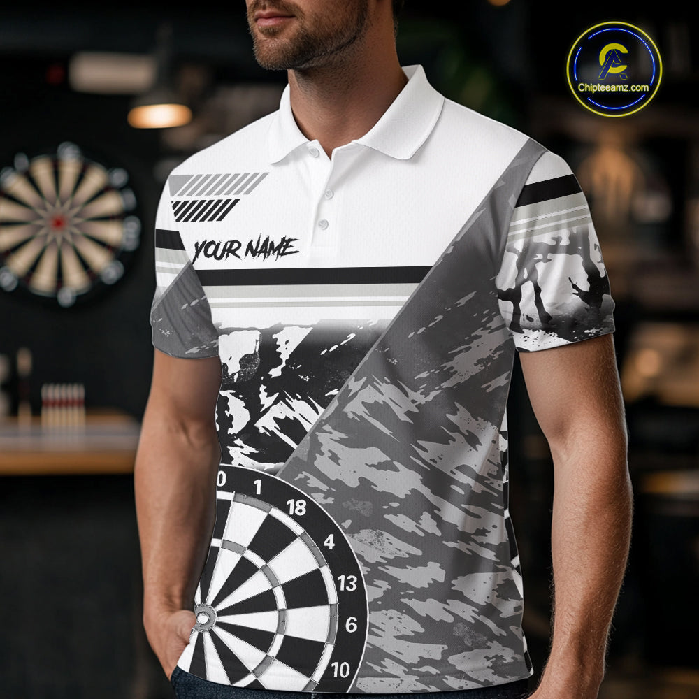 Custom Black And White Grunge Darts Shirt For Men, Darts Team Jersey Polo & 1/4 Zip TDM6143