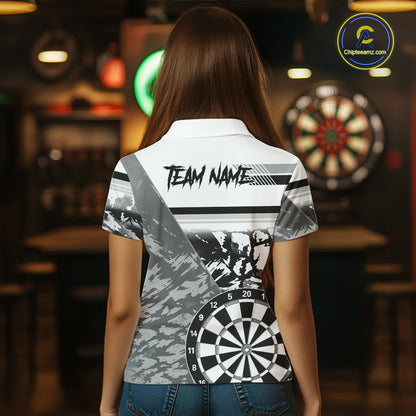 Custom Black And White Grunge Darts Shirt For Women, Darts Team Jersey Polo & 1/4 Zip TDM6143