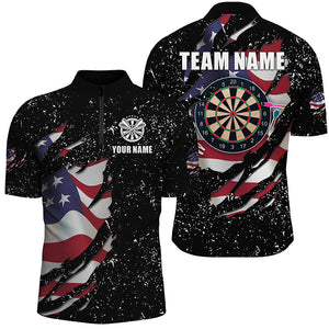 Grunge US Flag Dartboard Polo & Quarter-Zip Shirts For Men Custom Patriotic Darts Jerseys Attire TDM1664