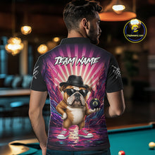 Load image into Gallery viewer, Back view of man wearing a pink graffiti bulldog 8 ball pool shirt in a billiards hall.