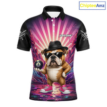 Load image into Gallery viewer, Pink graffiti bulldog 8 ball billiard polo shirt for men with custom pool team graphics.