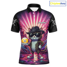 Load image into Gallery viewer, Pink graffiti cat 9 ball billiard polo shirt for men with custom pool team graphics.