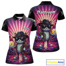 Load image into Gallery viewer, Pink graffiti cat 9 ball billiard polo shirt for women with custom pool team graphics.