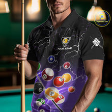 Load image into Gallery viewer, Man wearing a purple grim reaper lightning 9 ball billiard jersey beside a pool table front view.
