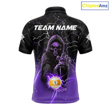 Load image into Gallery viewer, Purple grim reaper lightning 9 ball billiard polo shirt for men with custom pool team graphics.
