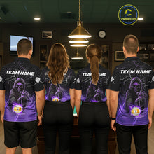 Load image into Gallery viewer, Back view of pool players wearing matching purple grim reaper billiard shirts in a game room.