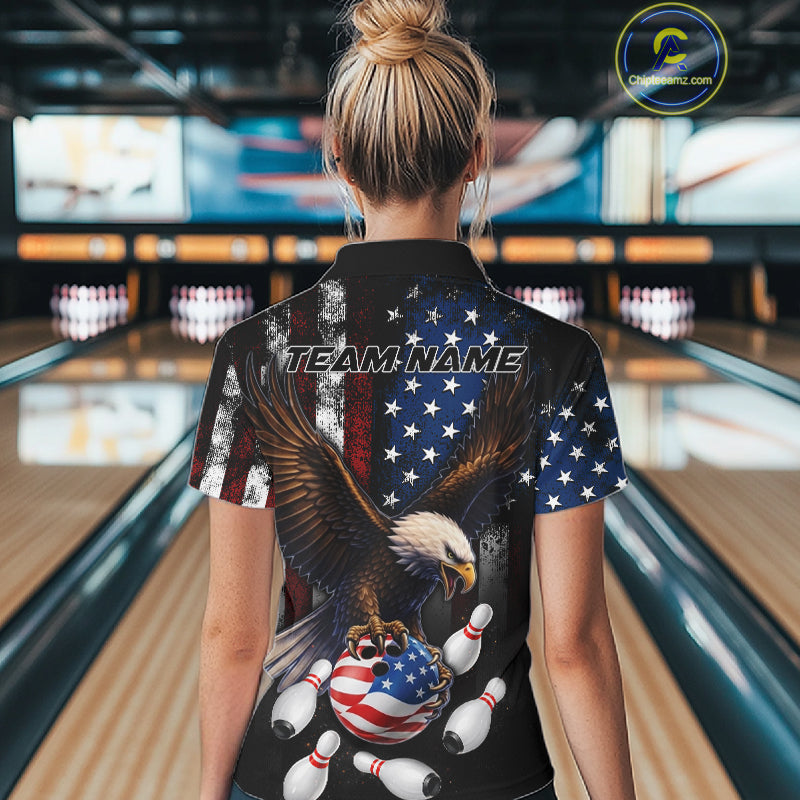 Woman wearing personalized American flag eagle bowling team jersey polo shirt featuring eagle American flag artwork, back view.