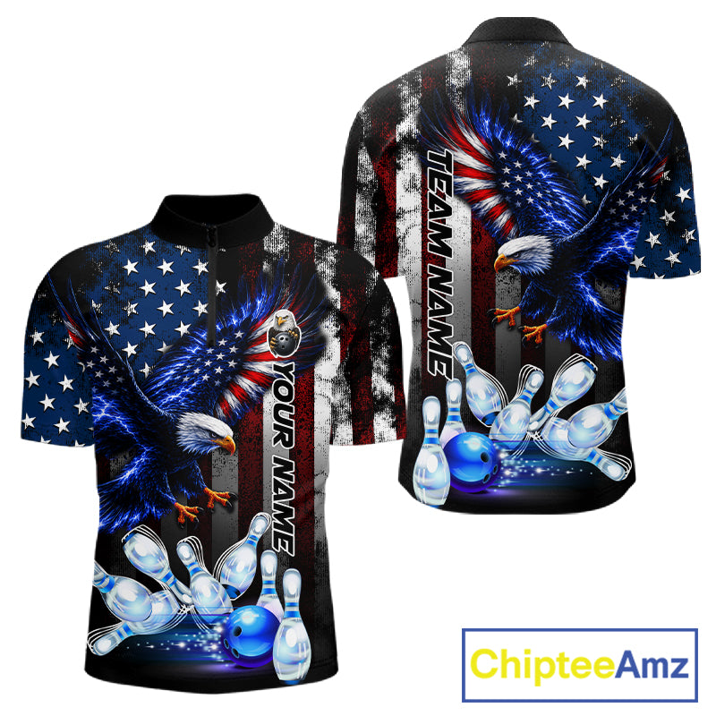 Custom blue eagle American flag bowling team jersey quarter zip shirt for men featuring patriotic eagle American flag artwork, premium custom bowling apparel.