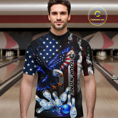 Man wearing custom blue eagle American flag bowling team jersey quarter zip shirt featuring eagle American flag artwork, front view.