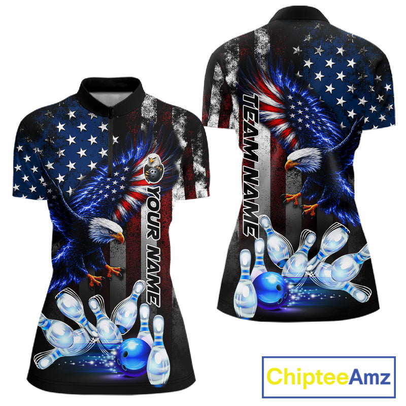 Custom blue eagle American flag bowling team jersey quarter zip shirt for women featuring patriotic eagle American flag artwork, premium custom bowling apparel.
