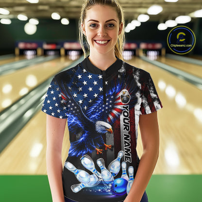 Woman wearing custom blue eagle American flag bowling team jersey quarter zip shirt featuring eagle American flag artwork, front view.