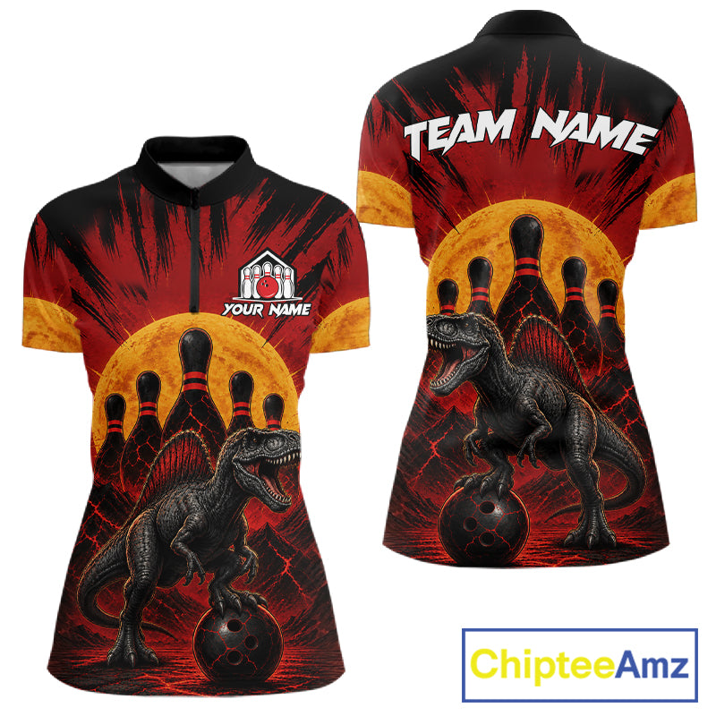 Personalized black and red dinosaur bowling team jersey quarter zip shirt for women featuring bold black and red dinosaur artwork, premium custom bowling apparel.