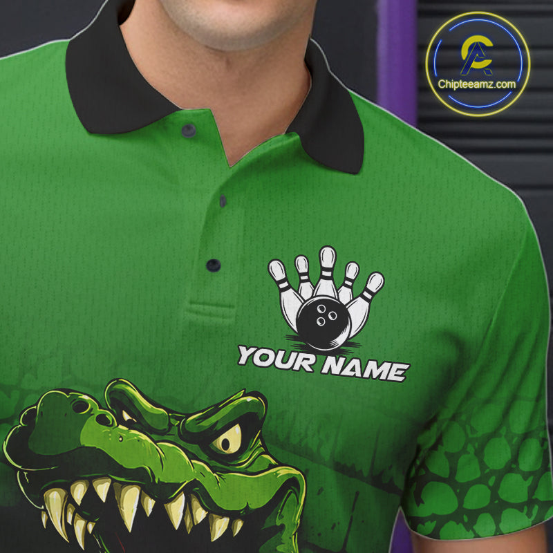 Close-up of personalized green funny alligator bowling team jersey polo shirt featuring collar, buttons and funny alligator artwork.