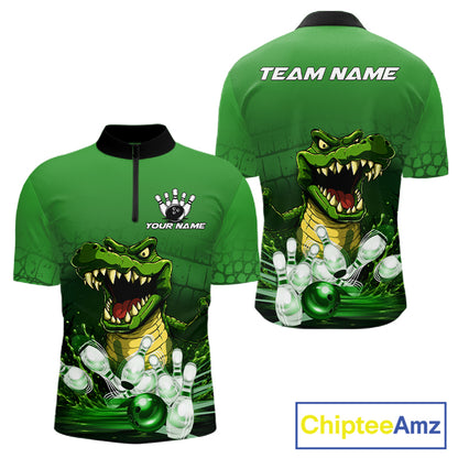 Personalized green funny alligator bowling team jersey quarter zip shirt for men featuring funny alligator bowling artwork, premium custom bowling apparel.