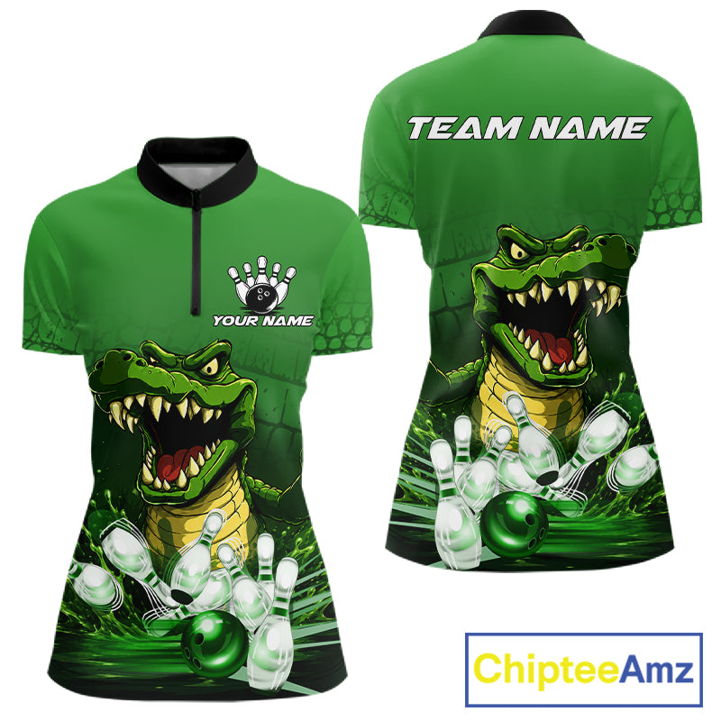 Personalized green funny alligator bowling team jersey quarter zip shirt for women featuring funny alligator bowling artwork, premium custom bowling apparel.