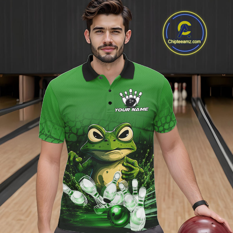 Man wearing personalized green funny frog bowling team jersey polo shirt featuring funny frog artwork, front view.