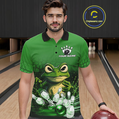 Man wearing personalized green funny frog bowling team jersey polo shirt featuring funny frog artwork, front view.