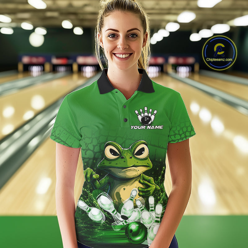 Woman wearing personalized green funny frog bowling team jersey polo shirt featuring funny frog artwork, front view.