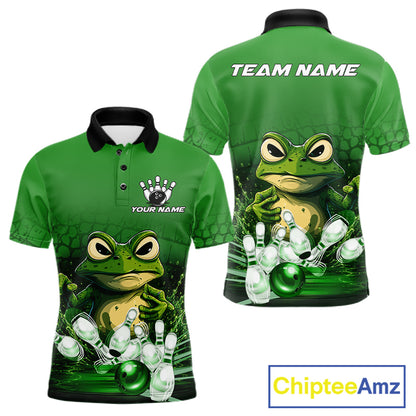 Personalized green funny frog bowling team jersey polo shirt for men featuring a funny frog bowling design, premium custom bowling team apparel and unique gift for bowlers.