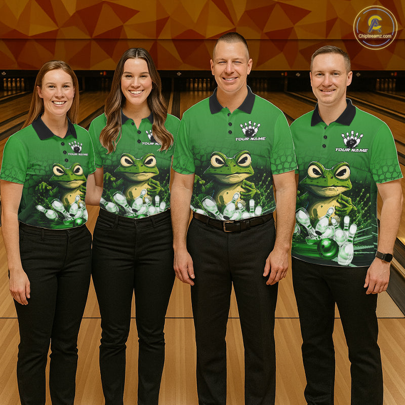 Bowling team wearing matching personalized green funny frog bowling team jerseys, front view.