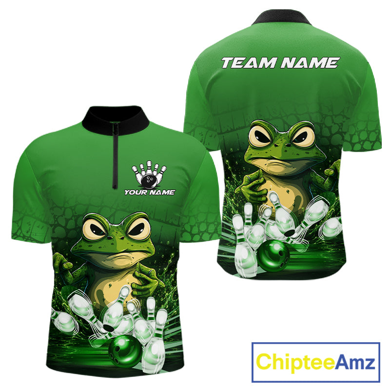 Personalized green funny frog bowling team jersey quarter zip shirt for men featuring funny frog bowling artwork, premium custom bowling apparel.