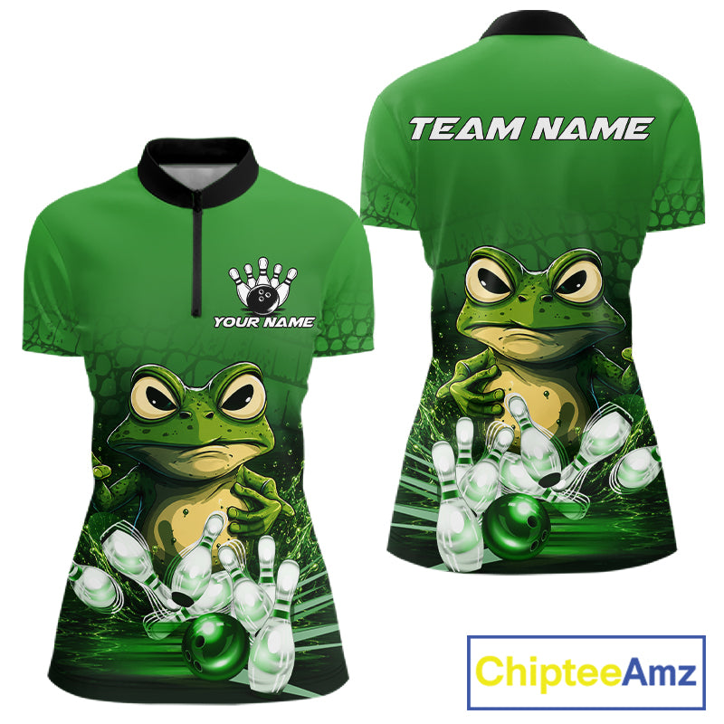 Personalized green funny frog bowling team jersey quarter zip shirt for women featuring funny frog bowling artwork, premium custom bowling apparel.