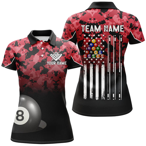 8 Ball Pool Red Camo Custom Billiard Shirts For Women, Patriotic US Flag Billiard Team Jerseys TDM2312
