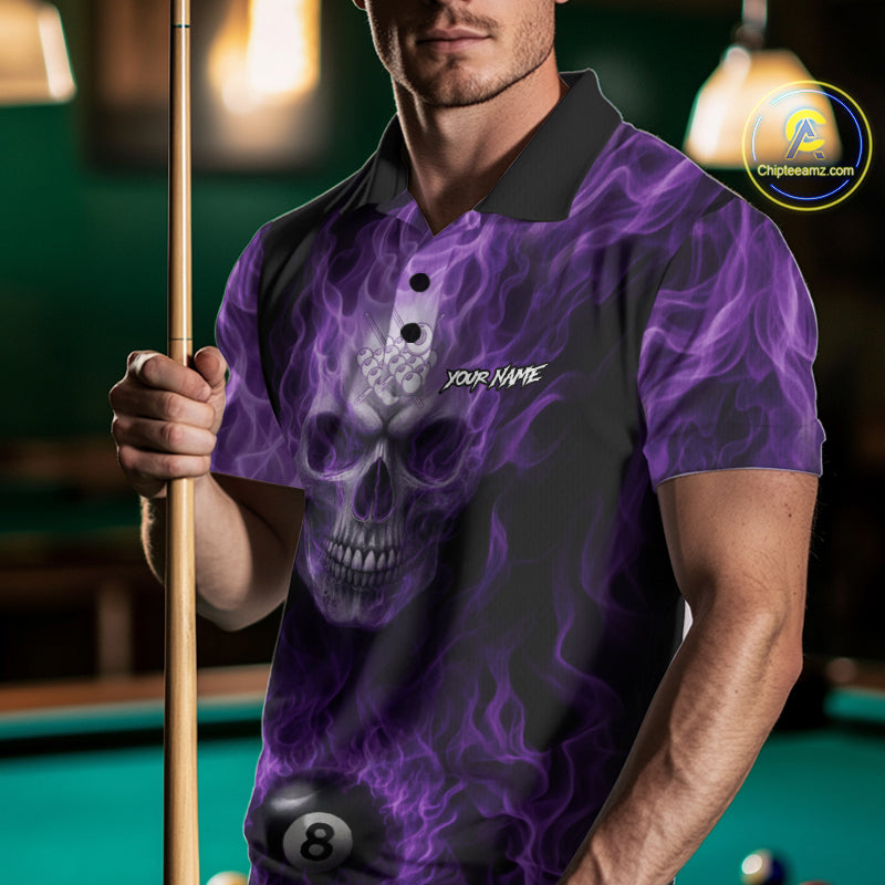 Purple Flaming Skull 8 Ball Fire Billiard Shirt For Men Custom Billiard Team Jersey Polo & 1/4 Zip TDM5062