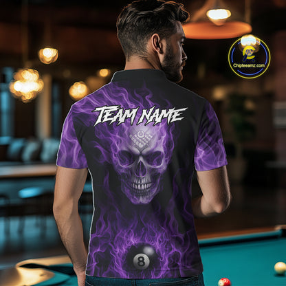 Purple Flaming Skull 8 Ball Fire Billiard Shirt For Men Custom Billiard Team Jersey Polo & 1/4 Zip TDM5062