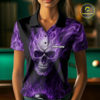 Purple Flaming Skull 8 Ball Fire Billiard Shirt For Women Custom Billiard Team Jersey Polo & 1/4 Zip TDM5062