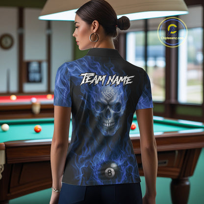 Blue Flaming Skull 8 Ball Fire Billiard Shirt For Women Custom Billiard Team Jersey Polo & 1/4 Zip TDM5063