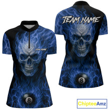 Load image into Gallery viewer, Blue Flaming Skull 8 Ball Fire Billiard Shirt For Women Custom Billiard Team Jersey Polo &amp; 1/4 Zip TDM5063