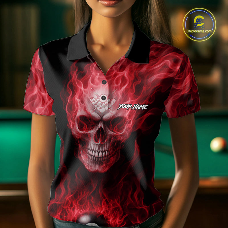 Red Flaming Skull 8 Ball Fire Billiard Shirt For Women Custom Billiard Team Jersey Polo & 1/4 Zip TDM5064