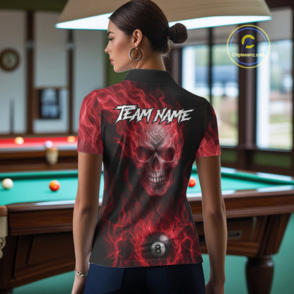Red Flaming Skull 8 Ball Fire Billiard Shirt For Women Custom Billiard Team Jersey Polo & 1/4 Zip TDM5064