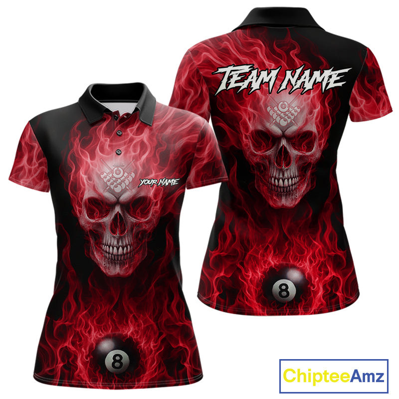 Red Flaming Skull 8 Ball Fire Billiard Shirt For Women Custom Billiard Team Jersey Polo & 1/4 Zip TDM5064