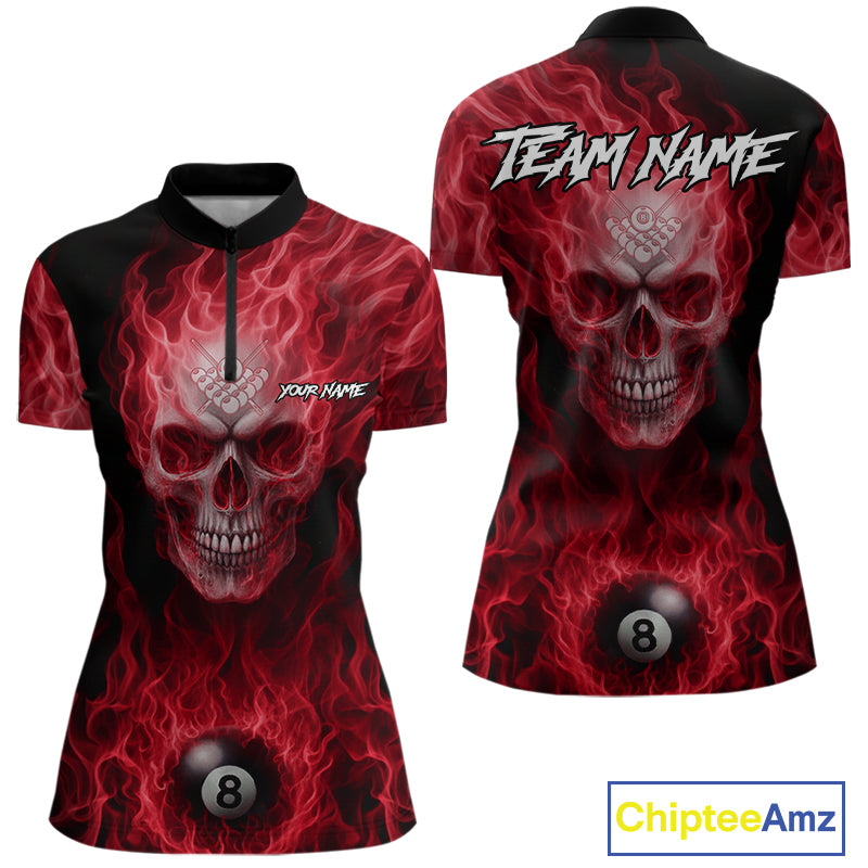 Red Flaming Skull 8 Ball Fire Billiard Shirt For Women Custom Billiard Team Jersey Polo & 1/4 Zip TDM5064