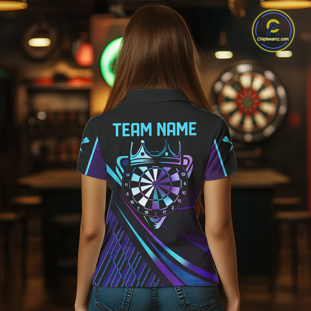 Custom Purple And Turquoise Crown Darts Shirt For Women, Darts League Team Jersey Polo & 1/4 Zip TDM7965