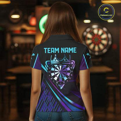 Custom Purple And Turquoise Crown Darts Shirt For Women, Darts League Team Jersey Polo & 1/4 Zip TDM7965