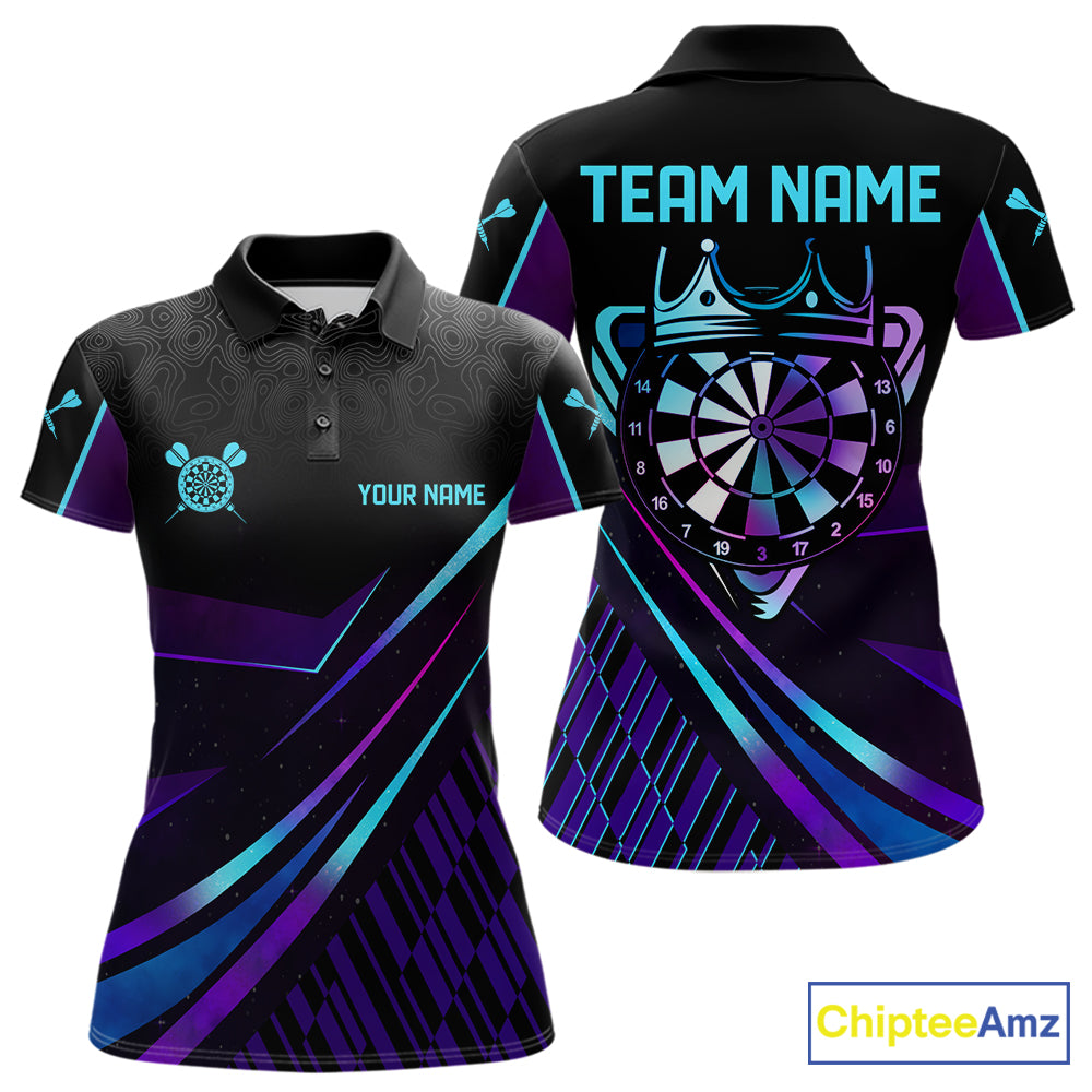 Custom Purple And Turquoise Crown Darts Shirt For Women, Darts League Team Jersey Polo & 1/4 Zip TDM7965