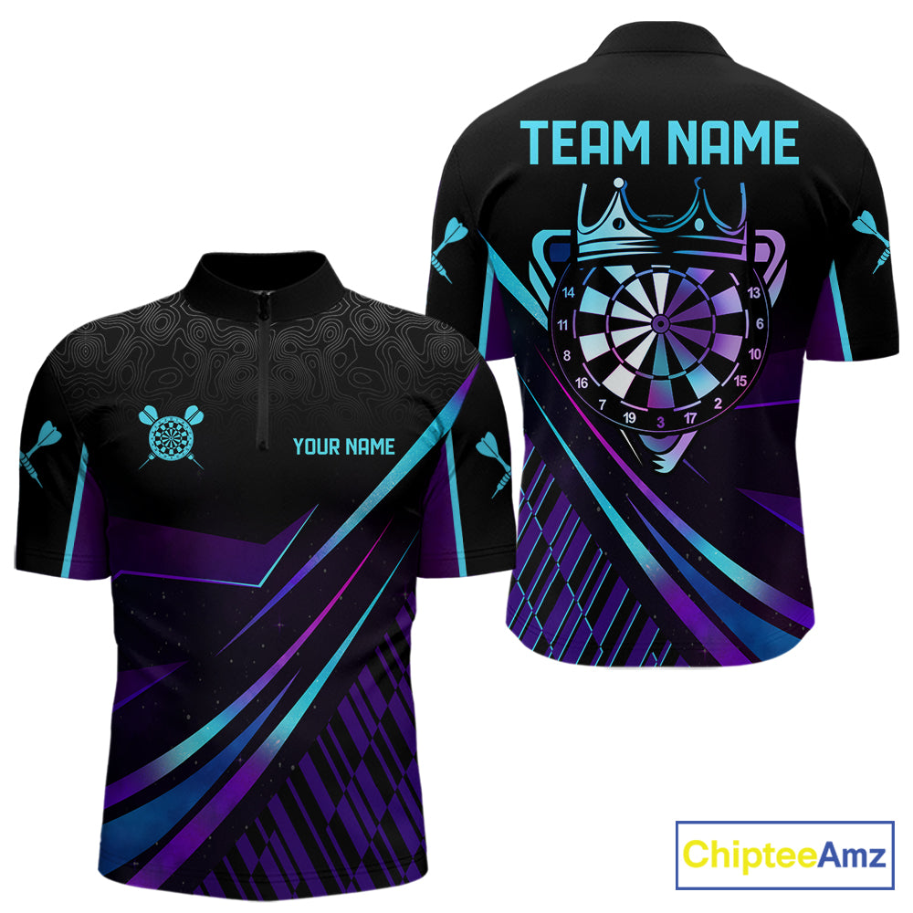 Custom Purple And Turquoise Crown Darts Shirt For Men, Darts League Team Jersey Polo & 1/4 Zip TDM7965