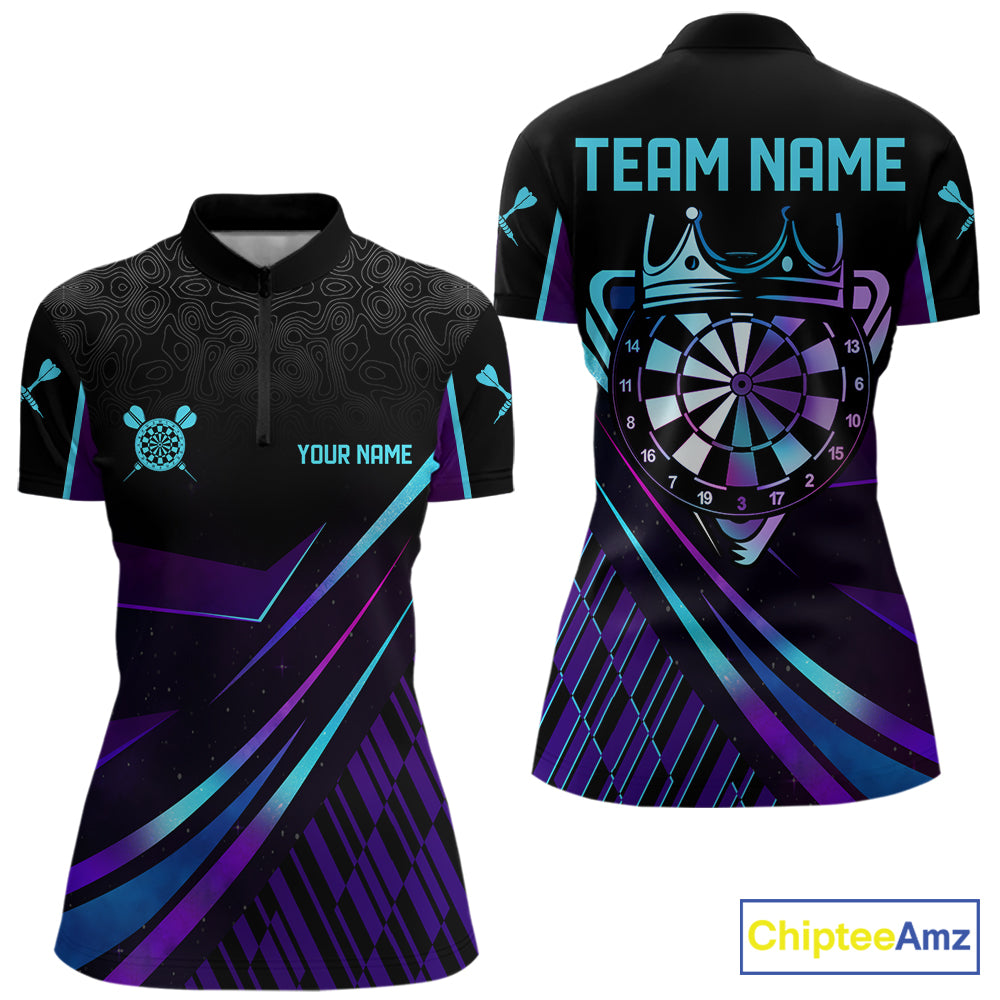 Custom Purple And Turquoise Crown Darts Shirt For Women, Darts League Team Jersey Polo & 1/4 Zip TDM7965