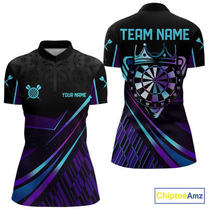 Custom Purple And Turquoise Crown Darts Shirt For Women, Darts League Team Jersey Polo & 1/4 Zip TDM7965