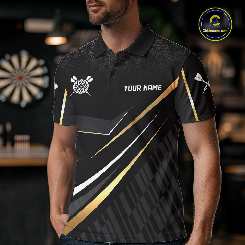 Black And Gold Custom Crown Darts Shirt For Men, Darts League Team Jersey Polo & Quarter Zip TDM7966