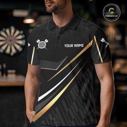 Black And Gold Custom Crown Darts Shirt For Men, Darts League Team Jersey Polo & Quarter Zip TDM7966