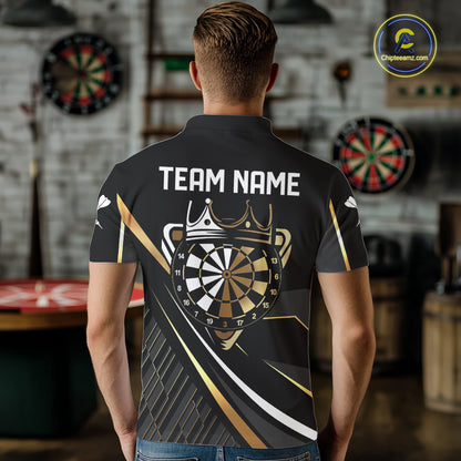 Black And Gold Custom Crown Darts Shirt For Men, Darts League Team Jersey Polo & Quarter Zip TDM7966