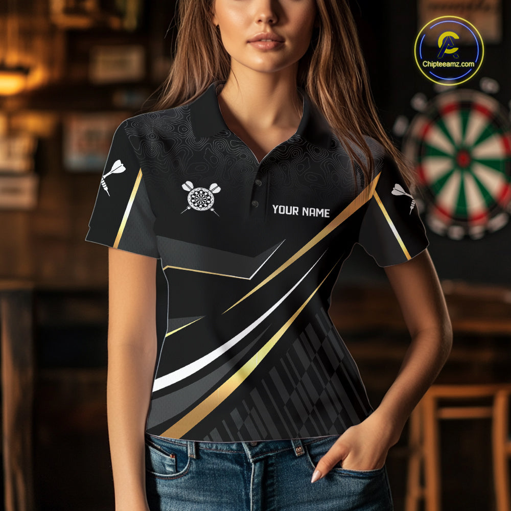 Black And Gold Custom Crown Darts Shirt For Women, Darts League Team Jersey Polo & Quarter Zip TDM7966