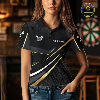 Black And Gold Custom Crown Darts Shirt For Women, Darts League Team Jersey Polo & Quarter Zip TDM7966