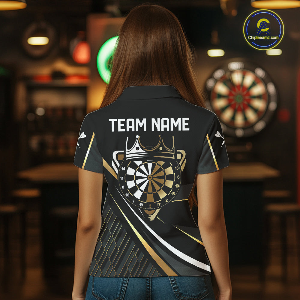 Black And Gold Custom Crown Darts Shirt For Women, Darts League Team Jersey Polo & Quarter Zip TDM7966