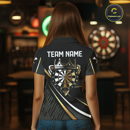 Black And Gold Custom Crown Darts Shirt For Women, Darts League Team Jersey Polo & Quarter Zip TDM7966